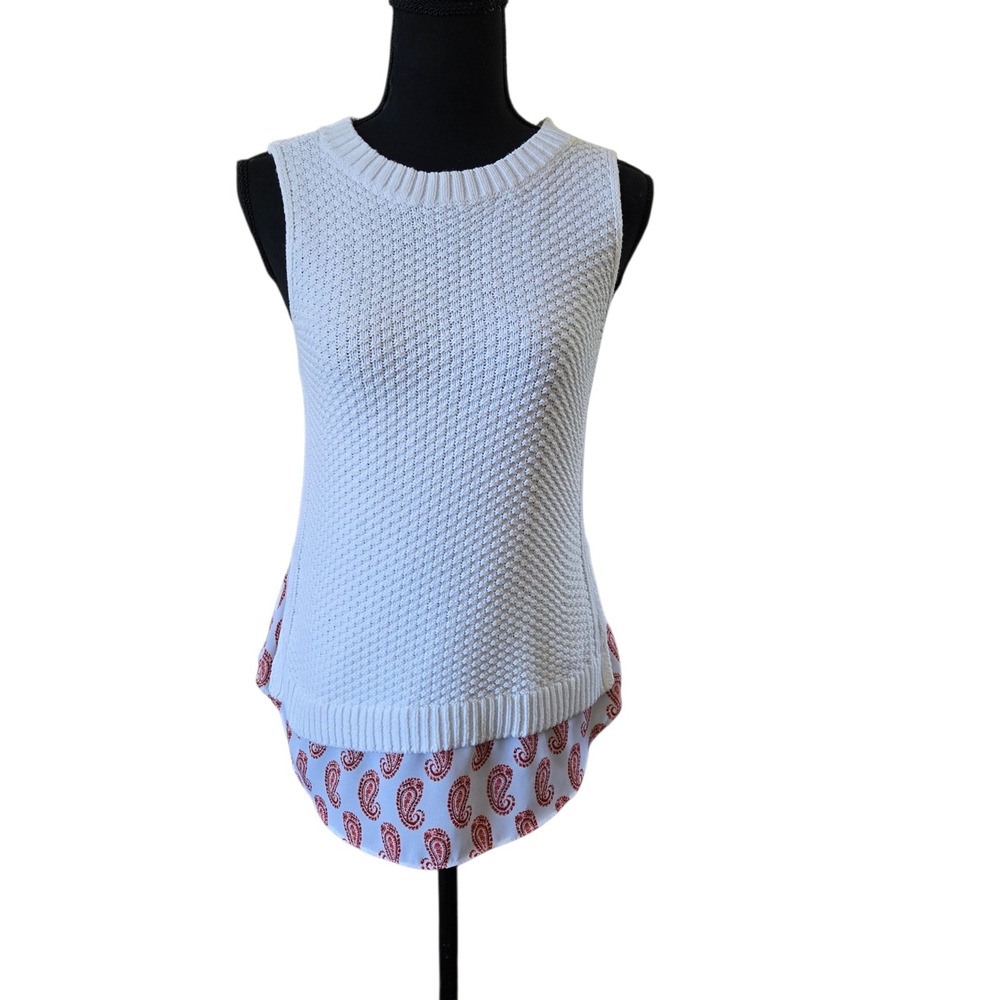 Loft‎ Outlet Petite Mixed Media Sleeveless Sweater Paisley Hem White SP WWS75